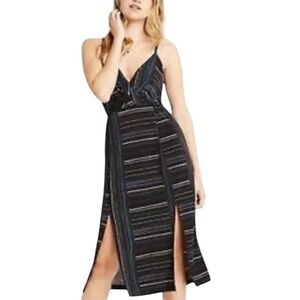 BCBGeneration Black Spaghetti Strap Midi Dress‎ Multicolor Stripe Y2K Split Hem